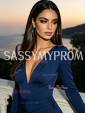 Deep V Long Sleeve Spandex Slit Column Prom Dress