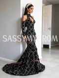 Long Sleeves Trumpet Mermaid Halter Keyhole Black Prom Dress