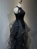 Black Halter Sequin Sparkle Tulle Ruffles Prom Dress