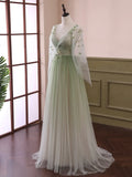 Sage Green Tulle Long Sleeve 3D Flower Prom Dress
