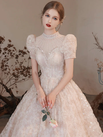 Elegant High Neck Long A Line Princess Dresses, Beautiful Beading Pearl Sequins Light Pink Prom Dresses US 10 / Picture Color Elegant High Neck Long A Line Princess Dresses, Beautiful Beading Pearl Sequins Light Pink Prom Dresses US 10 / Picture Color