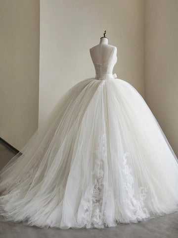 white wedding dress with champagne sash Lace Tulle Mermaid Wedding Dress White with Champagne Sash