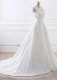 White sleeveless lace wedding dress with high neckline and long train on a mannequin | PicSEO 1787445855671