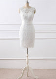 White lace sleeveless dress on a mannequin with sheer neckline and fitted knee-length skirt | PicSEO 1787445869724