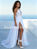 lace halter wedding dress with sweep train
