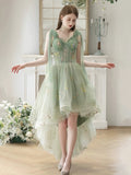 High Low Tulle A Line Green Floral Prom Dress