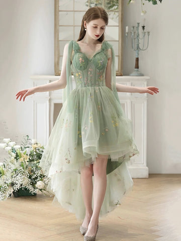 2023 High Low Tulle A Line Green Floral Prom Dress US6