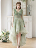 High Low Tulle A Line Green Floral Prom Dress