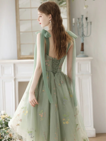 green flower prom dress Tulle Strapless 3D Flowers Embroidery Ball Gown Formal Dresses 2023 High Low Tulle A