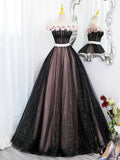 Black Tulle & Pink Flowers Sparkle Prom Dress