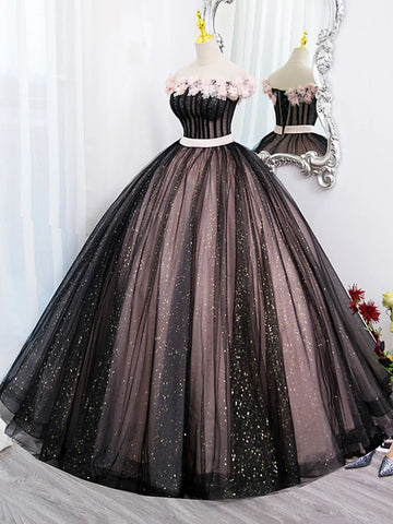 Black Tulle and Pink Flowers Party Dress, Black Off Shoulder Sweet 16 Dress US 10 / Black and Pink Black Tulle and Pink Flowers Party Dress, Black Off Shoulder Sweet 16 Dress US 10 / Black and Pink