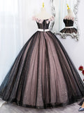 Black Tulle & Pink Flowers Sparkle Prom Dress