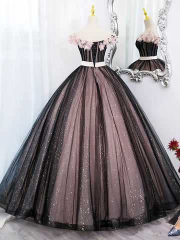 Black Tulle and Pink Flowers Party Dress, Black Off Shoulder Sweet 16 Dress US 10 / Black and Pink Black Tulle and Pink Flowers Party Dress, Black Off Shoulder Sweet 16 Dress US 10 / Black and Pink