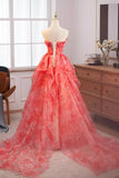 Flower Tulle Ruffles A Line Red Prom Dress