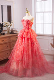 Flower Tulle Ruffles A Line Red Prom Dress