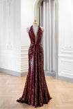 A Line Sequin Beading Halter Burgundy Prom Dress