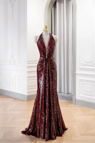 A Line Sequin Beading Halter Burgundy Prom Dress US14 / Burgundy A Line Sequin Beading Halter Burgundy Prom Dress US14 / Burgundy