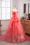 Flower Tulle Ruffles A Line Red Prom Dress