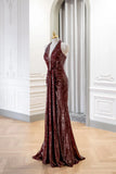 A Line Sequin Beading Halter Burgundy Prom Dress