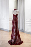 A Line Sequin Beading Halter Burgundy Prom Dress