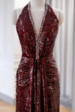 A Line Sequin Beading Halter Burgundy Prom Dress