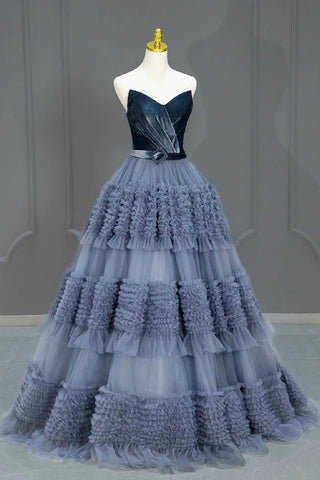 Layered Tulle Ruffled Blue Strapless Prom Dress
