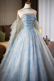 Tulle Beading Blue Printed Pattern Prom Dress with Cape