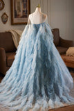 Tulle Beading Blue Printed Pattern Prom Dress with Cape