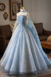 Tulle Beading Blue Printed Pattern Prom Dress with Cape