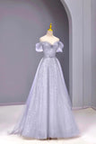 Sequins Off The Shoulder Spark Gray Tulle Prom Dress