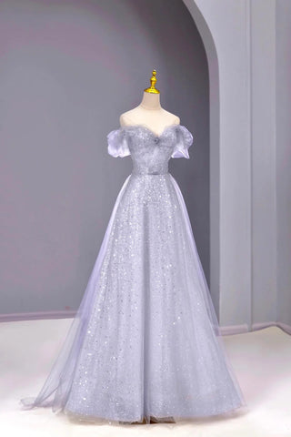 Sequins Off The Shoulder Spark Gray Tulle Prom Dress