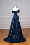 Ruched Satin Navy A Line Off The Shoulder Prom Dress