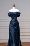 Ruched Satin Navy A Line Off The Shoulder Prom Dress