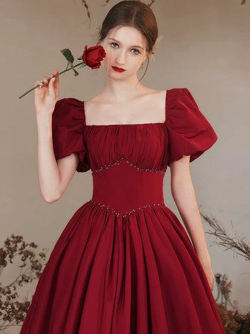2023 Burgundy Satin Puffy Sleeve Lace Up Prom Dress Sassymyprom 2023 Burgundy Satin Puffy Sleeve Lace Up Prom Dress Sassymyprom