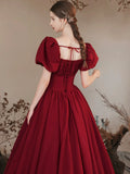 Burgundy Satin Puffy Sleeve Lace Up Prom Dress