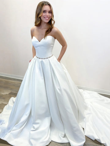 Satin Beading Belt Sweetheart White Wedding Dress