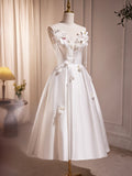 Spaghetti Strap Satin White Floral Short Prom Dress
