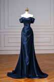 Ruched Satin Navy A Line Off The Shoulder Prom Dress