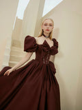 Satin Puffy Sleeve Ball Gown Bow Beading Prom Dress