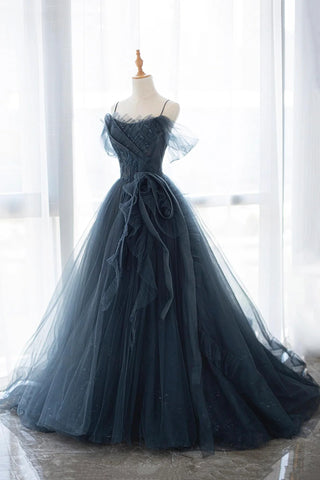 Tulle Beading A Line Gray Blue Spaghetti Straps Prom Dress