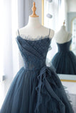 Tulle Beading A Line Gray Blue Spaghetti Straps Prom Dress