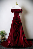 A Line Ruched Burgundy Off The Shoulder Prom Dress