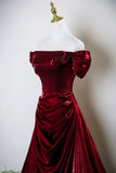 A Line Ruched Burgundy Off The Shoulder Prom Dress