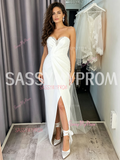 Sweetheart Neck Beaded Sheath Column Satin Dress with Slit