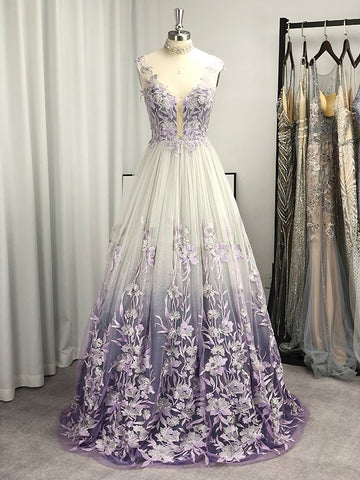 Tulle Applique Purple Princess V-neck Prom Dress