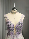 Tulle Applique Purple Princess V-neck Prom Dress