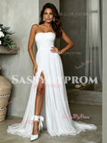 minimalist strapless wedding dress with slit