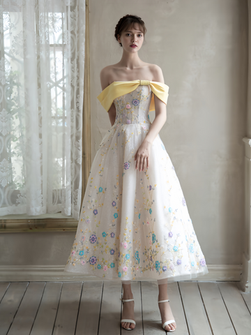 Off The Shoulder Tea Length Floral Yellow Prom Dress