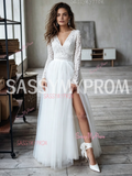 Long Sleeve V Neck Lace Tulle A Line Wedding Dress