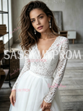 Long Sleeve V Neck Lace Tulle A Line Wedding Dress